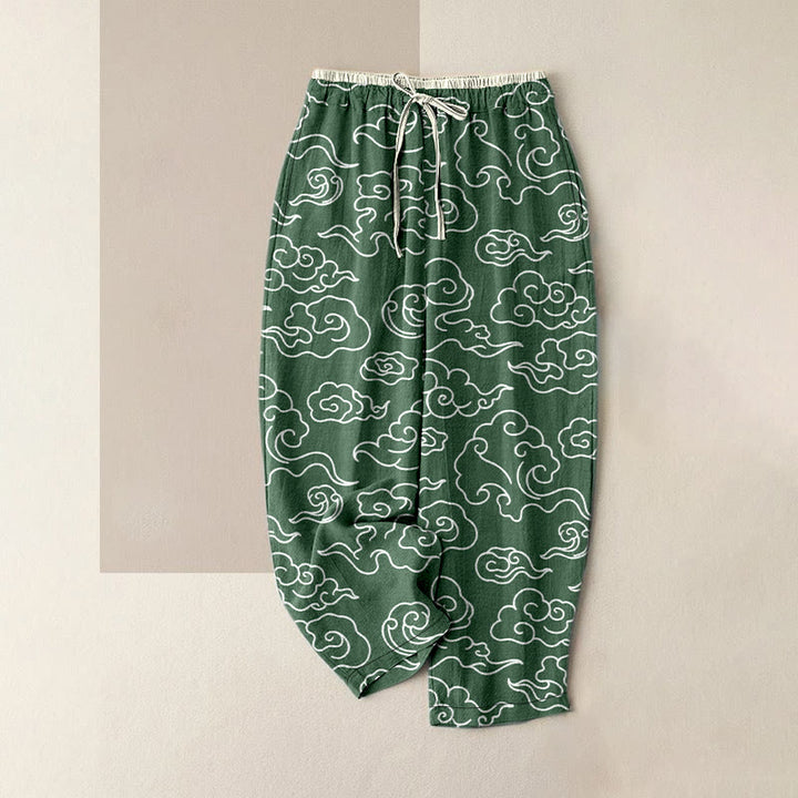 Buddha Stones Pantaloni da donna in puro cotone, casual, con motivo nuvole di buon auspicio, vita elasticizzata e tasche. - Verde scuro - US16, UK/AU20, EU48 (3XL) - image 5