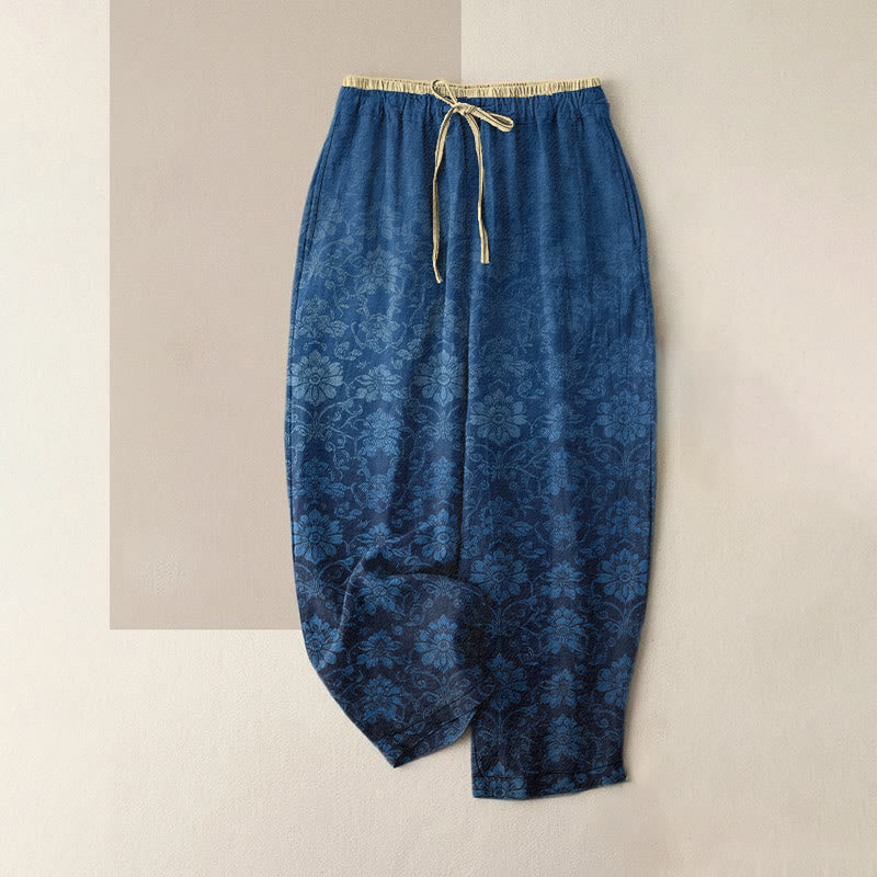 Buddha Stones Pantaloni da donna in puro cotone con elastico in vita e tasche, fantasia floreale retrò. - SteelBlue - US16, UK/AU20, EU48 (3XL) - image 0