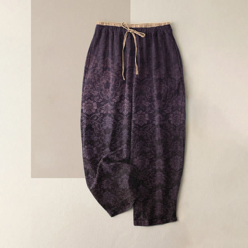 Buddha Stones Pantaloni da donna in puro cotone con elastico in vita e tasche, fantasia floreale retrò. - Viola - US16, UK/AU20, EU48 (3XL) - image 4