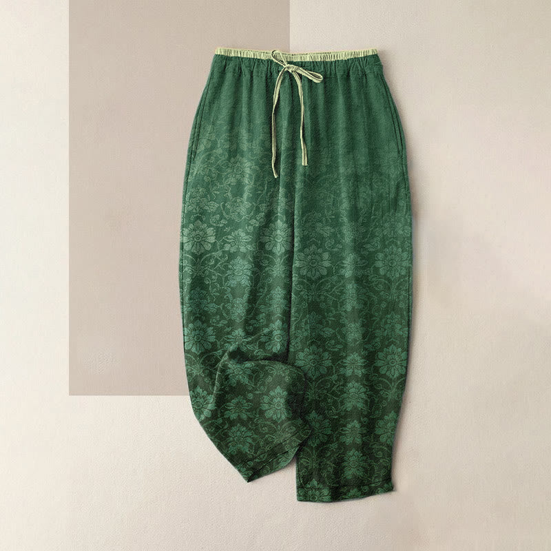 Buddha Stones Pantaloni da donna in puro cotone con elastico in vita e tasche, fantasia floreale retrò. - Verde mare - US16, UK/AU20, EU48 (3XL) - image 5