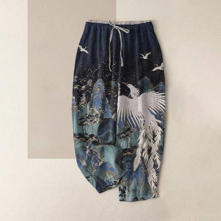 Buddha Stones Pantaloni da donna in puro cotone con elastico in vita e tasche, con motivo a gru e paesaggio di buon auspicio. - Blu notte - US16, UK/AU20, EU48 (3XL) - image 0