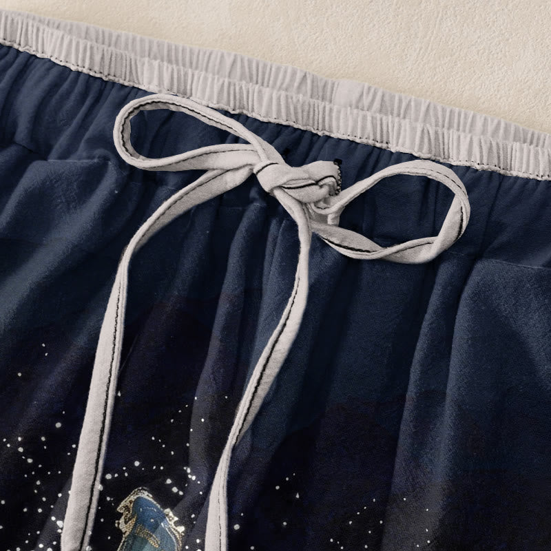 Buddha Stones Pantaloni da donna in puro cotone con elastico in vita e tasche, con motivo a gru e paesaggio di buon auspicio. - image 1