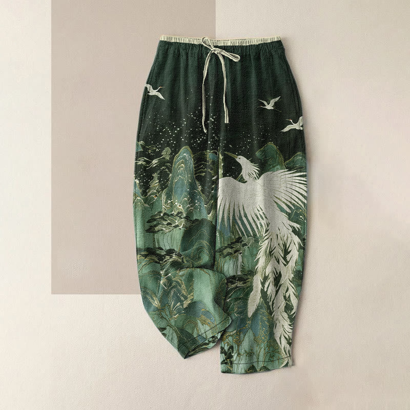 Buddha Stones Pantaloni da donna in puro cotone con elastico in vita e tasche, con motivo a gru e paesaggio di buon auspicio. - Grigio ardesia scuro - US16, UK/AU20, EU48 (3XL) - image 4