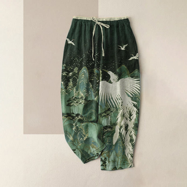 Buddha Stones Pantaloni da donna in puro cotone con elastico in vita e tasche, con motivo a gru e paesaggio di buon auspicio. - Grigio ardesia scuro - US16, UK/AU20, EU48 (3XL) - image 4