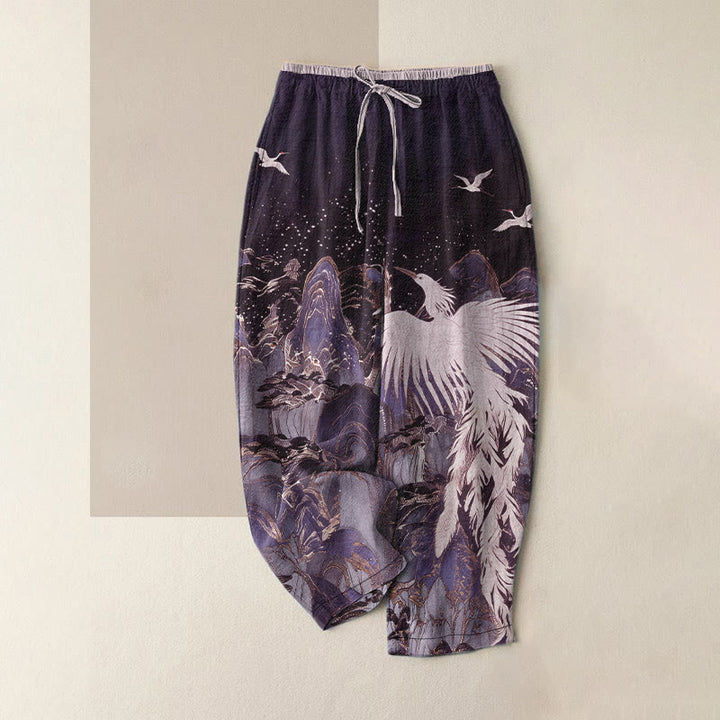 Buddha Stones Pantaloni da donna in puro cotone con elastico in vita e tasche, con motivo a gru e paesaggio di buon auspicio. - Indaco - US16, UK/AU20, EU48 (3XL) - image 5