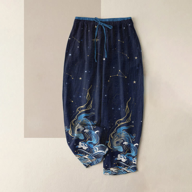Buddha Stones Pantaloni da donna in puro cotone con elastico in vita e tasche, fantasia cielo stellato, oceano e bestie mitologiche. - Blu notte - US16, UK/AU20, EU48 (3XL) - image 0