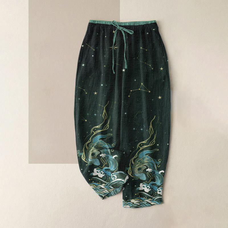 Buddha Stones Pantaloni da donna in puro cotone con elastico in vita e tasche, fantasia cielo stellato, oceano e bestie mitologiche. - Verde acqua - US16, UK/AU20, EU48 (3XL) - image 4