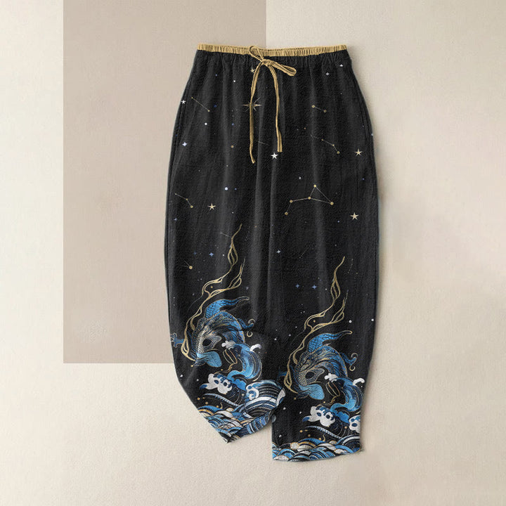 Buddha Stones Pantaloni da donna in puro cotone con elastico in vita e tasche, fantasia cielo stellato, oceano e bestie mitologiche. - Nero - US16, UK/AU20, EU48 (3XL) - image 5