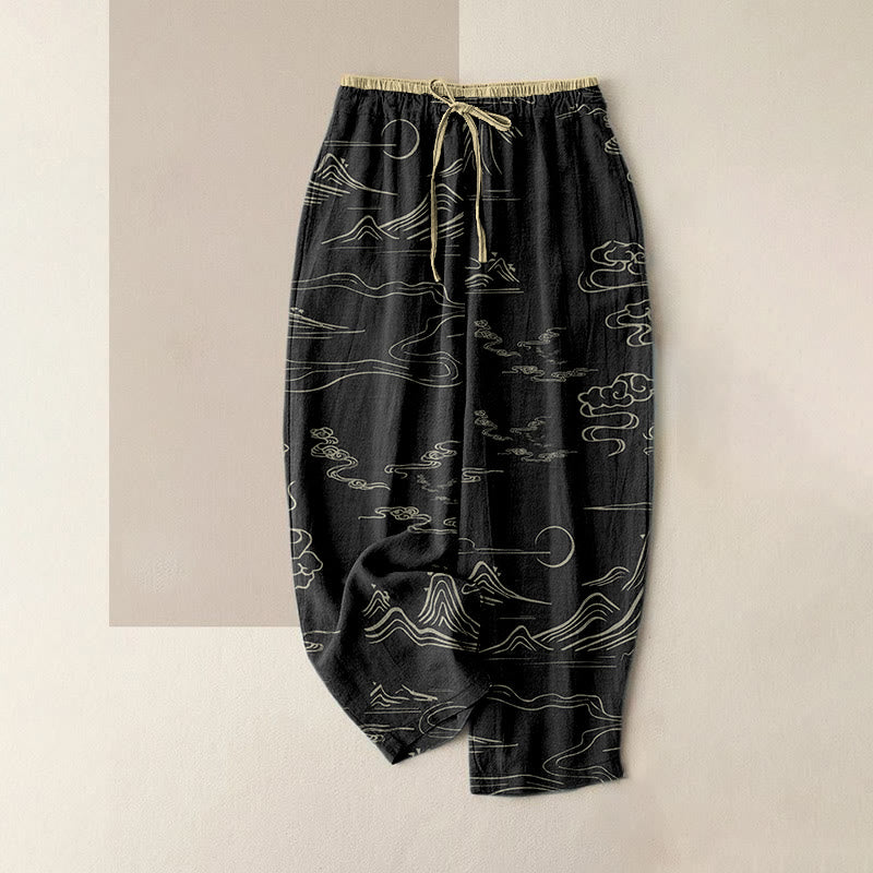 Buddha Stones Pantaloni da donna in cotone casual con motivo montagne, luna e nuvole propizie, con elastico in vita e tasche. - Nero - US16, UK/AU20, EU48 (3XL) - image 0