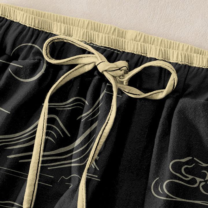 Buddha Stones Pantaloni da donna in cotone casual con motivo montagne, luna e nuvole propizie, con elastico in vita e tasche. - image 1