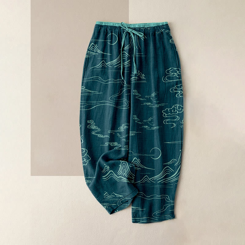 Buddha Stones Pantaloni da donna in cotone casual con motivo montagne, luna e nuvole propizie, con elastico in vita e tasche. - Ciano scuro - US16, UK/AU20, EU48 (3XL) - image 4