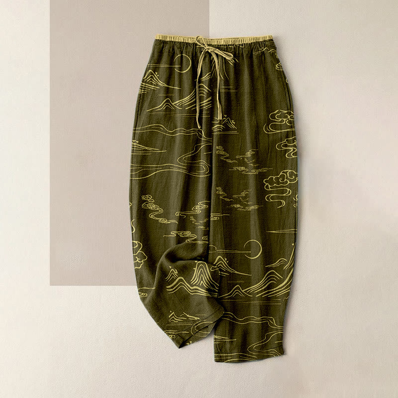 Buddha Stones Pantaloni da donna in cotone casual con motivo montagne, luna e nuvole propizie, con elastico in vita e tasche. - Cachi scuro - US16, UK/AU20, EU48 (3XL) - image 5