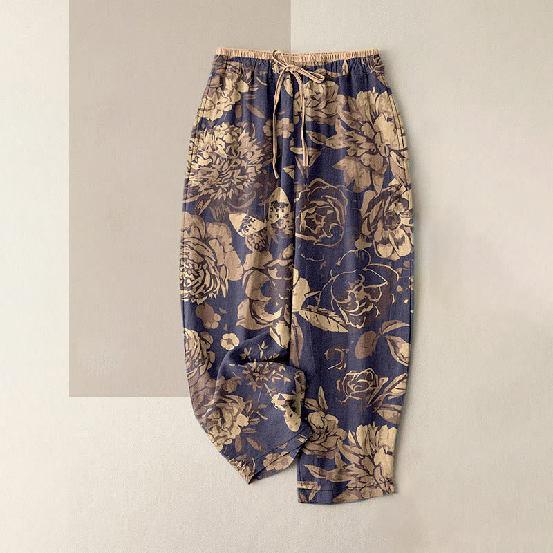 Buddha Stones Pantaloni da donna in cotone casual con motivo di peonie, fiori e foglie, con elastico in vita e tasche. - Grigio tenue - US16, UK/AU20, EU48 (3XL) - image 0