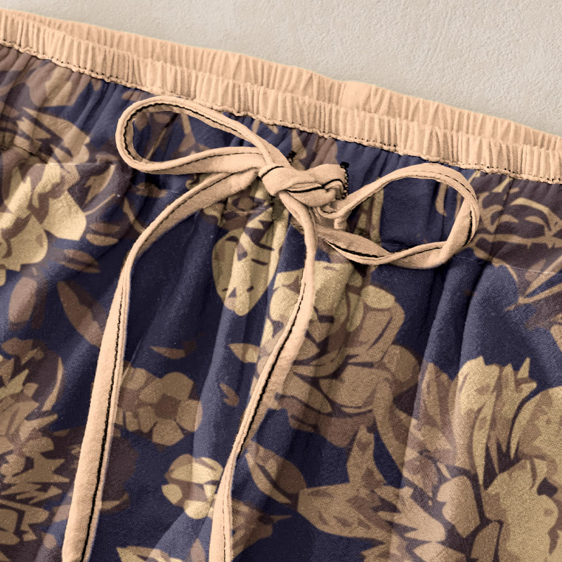 Buddha Stones Pantaloni da donna in cotone casual con motivo di peonie, fiori e foglie, con elastico in vita e tasche. - image 1