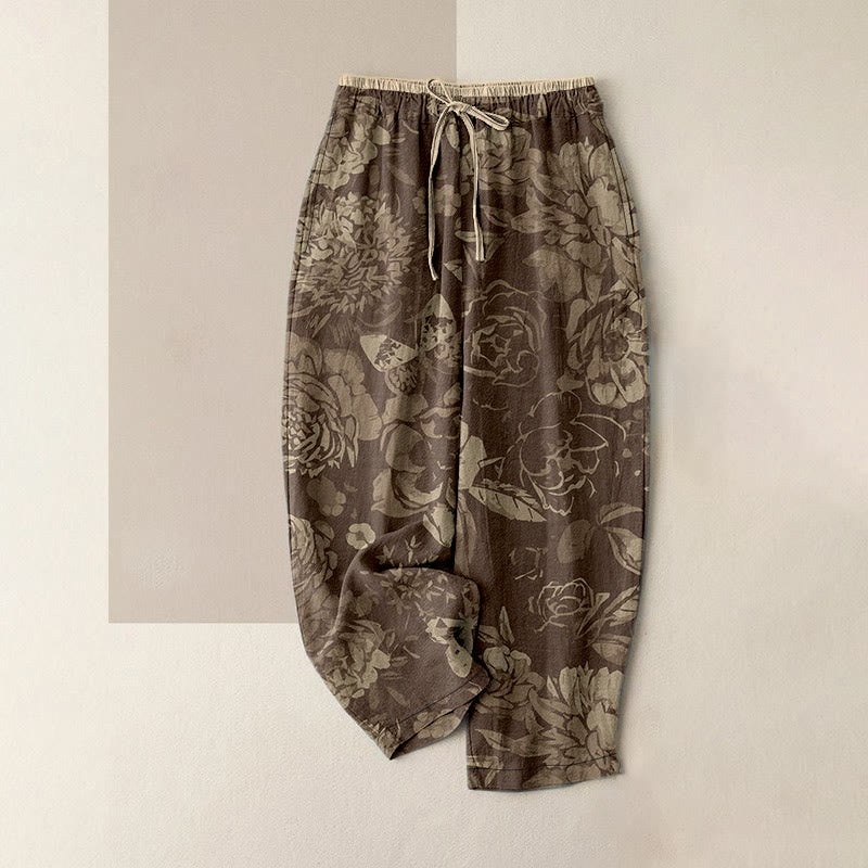 Buddha Stones Pantaloni da donna in cotone casual con motivo di peonie, fiori e foglie, con elastico in vita e tasche. - Tan - US16, UK/AU20, EU48 (3XL) - image 4