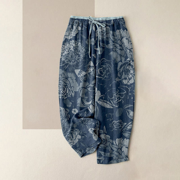 Buddha Stones Pantaloni da donna in cotone casual con motivo di peonie, fiori e foglie, con elastico in vita e tasche. - Cielo Blu - US16, UK/AU20, EU48 (3XL) - image 5