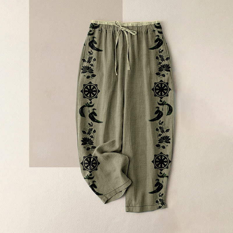 Buddha Stones Pantaloni da donna in cotone casual con elastico in vita e tasche, con motivo ruota del Dharma, loto e OM. - Cachi scuro - US16, UK/AU20, EU48 (3XL) - image 4