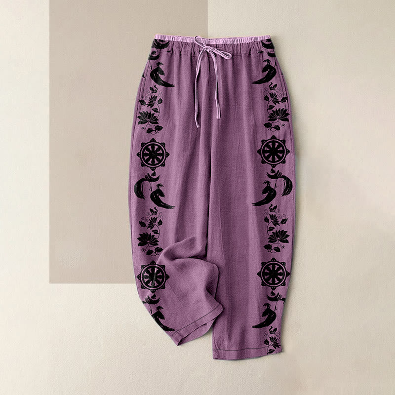 Buddha Stones Pantaloni da donna in cotone casual con elastico in vita e tasche, con motivo ruota del Dharma, loto e OM. - Prugna - US16, UK/AU20, EU48 (3XL) - image 5
