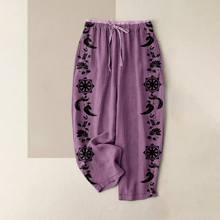 Buddha Stones Pantaloni da donna in cotone casual con elastico in vita e tasche, con motivo ruota del Dharma, loto e OM. - Prugna - US16, UK/AU20, EU48 (3XL) - image 5