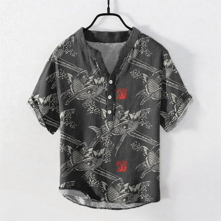 Buddha Stones Camicia da uomo a maniche corte con mezza abbottonatura, in cotone, con motivo di carpe koi e bambù. - Nero - US/UK/AU50, EU60 (5XL) - image 0