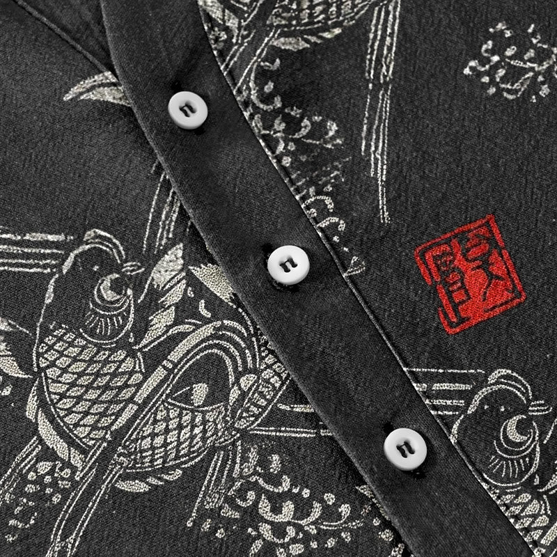 Buddha Stones Camicia da uomo a maniche corte con mezza abbottonatura, in cotone, con motivo di carpe koi e bambù. - image 3