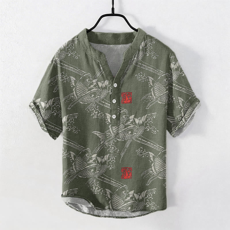Buddha Stones Camicia da uomo a maniche corte con mezza abbottonatura, in cotone, con motivo di carpe koi e bambù. - Verde Mare Scuro - US/UK/AU50, EU60 (5XL) - image 4