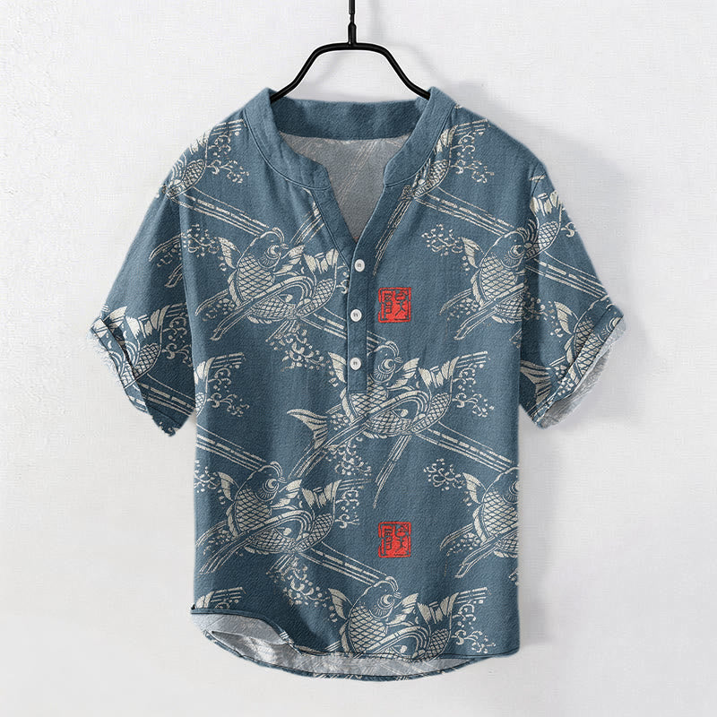 Buddha Stones Camicia da uomo a maniche corte con mezza abbottonatura, in cotone, con motivo di carpe koi e bambù. - SteelBlue - US/UK/AU50, EU60 (5XL) - image 6