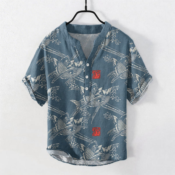 Buddha Stones Camicia da uomo a maniche corte con mezza abbottonatura, in cotone, con motivo di carpe koi e bambù. - SteelBlue - US/UK/AU50, EU60 (5XL) - image 6