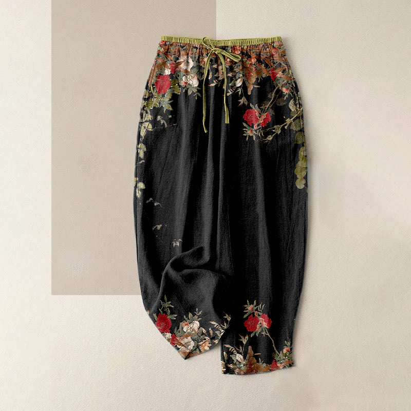 Buddha Stones Pantaloni da donna in cotone casual con motivo a peonia rossa e vita elasticizzata, con tasche. - Nero - US16, UK/AU20, EU48 (3XL) - image 0