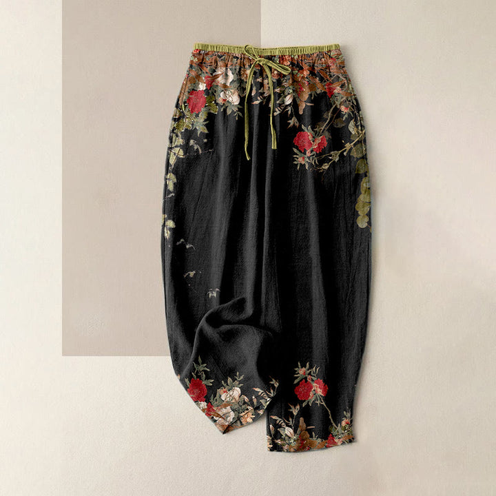 Buddha Stones Pantaloni da donna in cotone casual con motivo a peonia rossa e vita elasticizzata, con tasche. - Nero - US16, UK/AU20, EU48 (3XL) - image 0