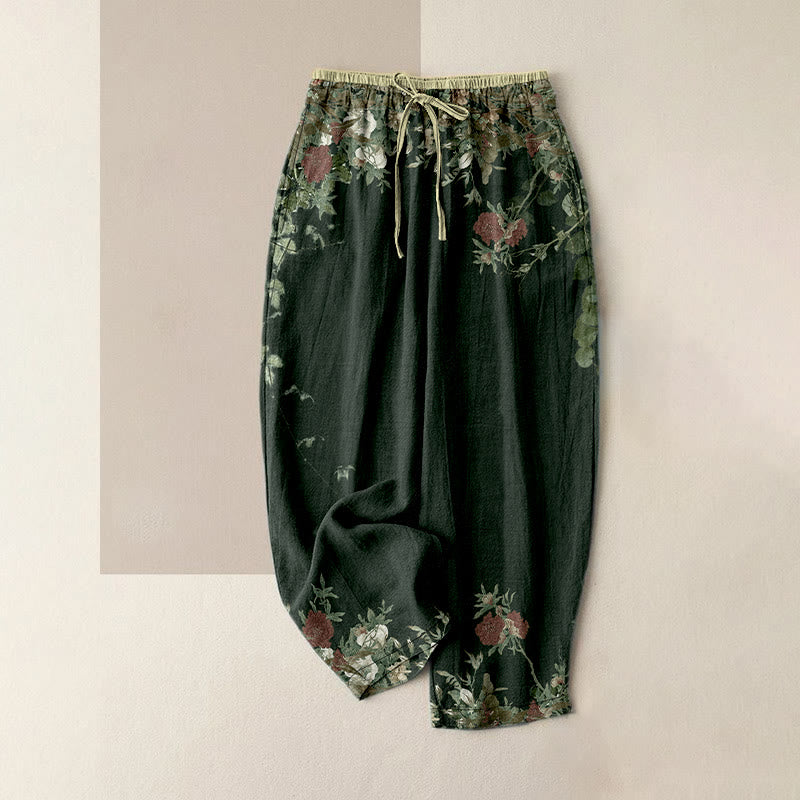 Buddha Stones Pantaloni da donna in cotone casual con motivo a peonia rossa e vita elasticizzata, con tasche. - Verde Mare Scuro - US16, UK/AU20, EU48 (3XL) - image 4