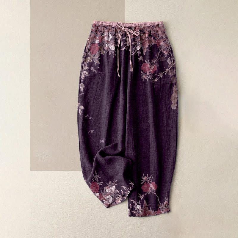 Buddha Stones Pantaloni da donna in cotone casual con motivo a peonia rossa e vita elasticizzata, con tasche. - Viola - US16, UK/AU20, EU48 (3XL) - image 5
