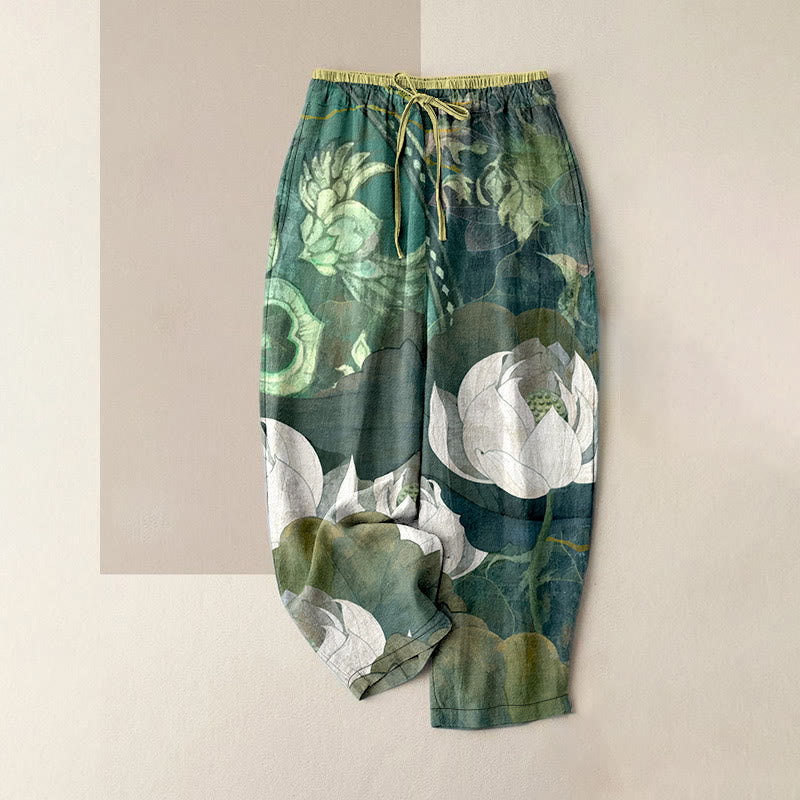 Buddha Stones Pantaloni da donna casual in cotone bianco con motivo a foglie di loto e vita elasticizzata, con tasche. - Verde mare - US16, UK/AU20, EU48 (3XL) - image 0