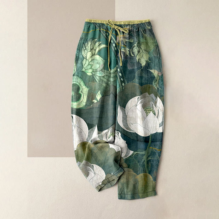 Buddha Stones Pantaloni da donna casual in cotone bianco con motivo a foglie di loto e vita elasticizzata, con tasche. - Verde mare - US16, UK/AU20, EU48 (3XL) - image 0
