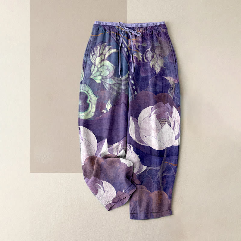 Buddha Stones Pantaloni da donna casual in cotone bianco con motivo a foglie di loto e vita elasticizzata, con tasche. - Orchidea scura - US16, UK/AU20, EU48 (3XL) - image 5
