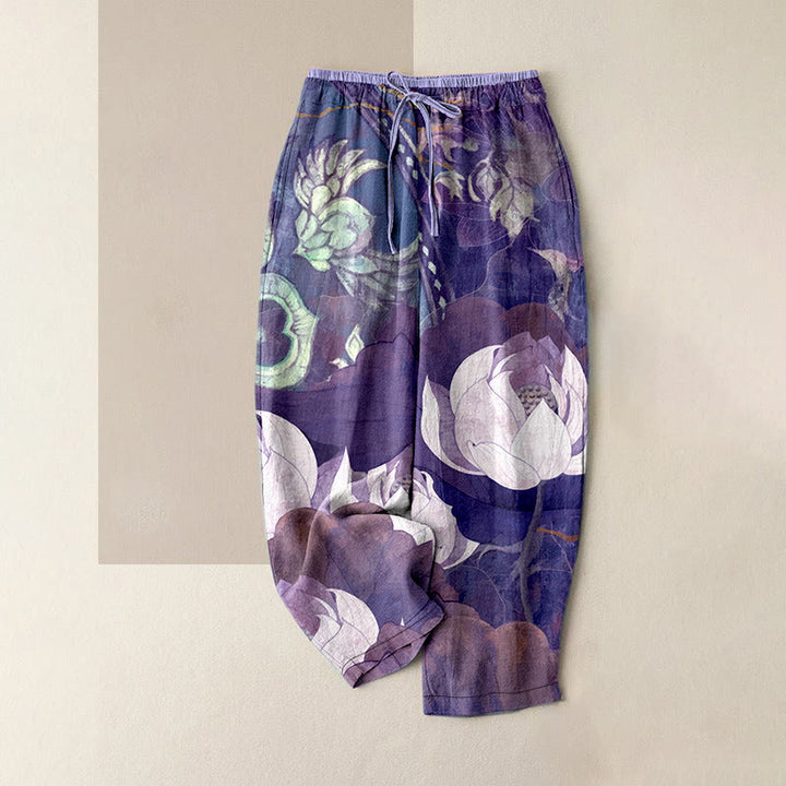 Buddha Stones Pantaloni da donna casual in cotone bianco con motivo a foglie di loto e vita elasticizzata, con tasche. - Orchidea scura - US16, UK/AU20, EU48 (3XL) - image 5