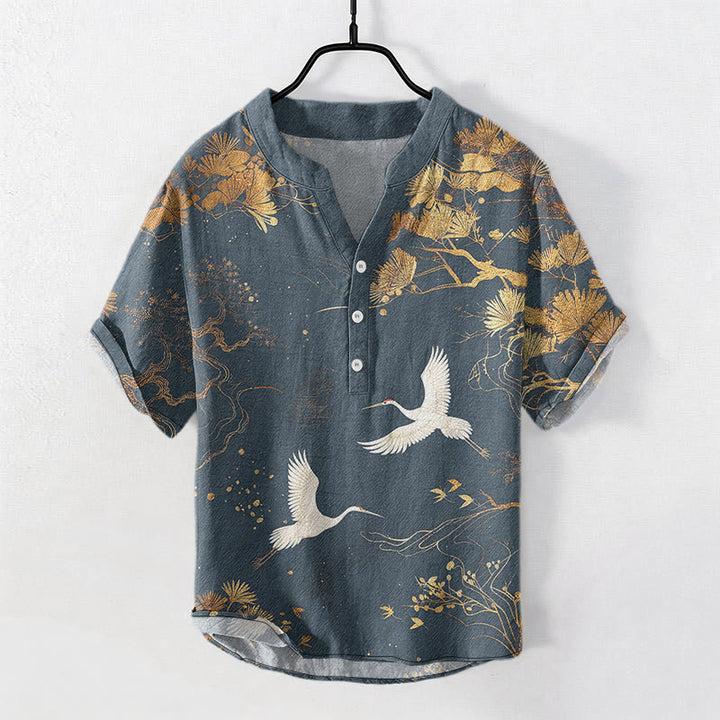 Buddha Stones Camicia da uomo a maniche corte con mezzo bottone, in cotone, con motivo a pini e gru bianche. - SteelBlue - US/UK/AU50, EU60 (5XL) - image 4