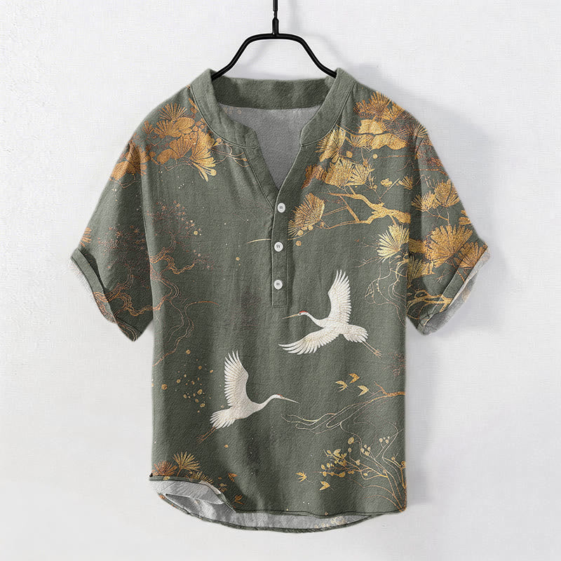 Buddha Stones Camicia da uomo a maniche corte con mezzo bottone, in cotone, con motivo a pini e gru bianche. - Verde Mare Scuro - US/UK/AU50, EU60 (5XL) - image 6