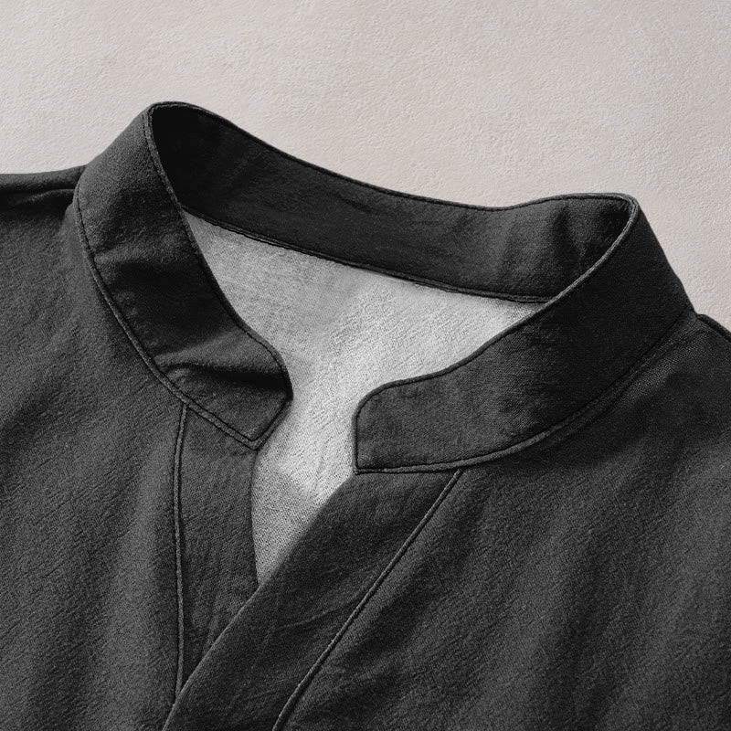 Buddha Stones Camicia da uomo a maniche corte con mezza abbottonatura, in cotone, con motivo semplice gru, sole e pino rosso. - image 2