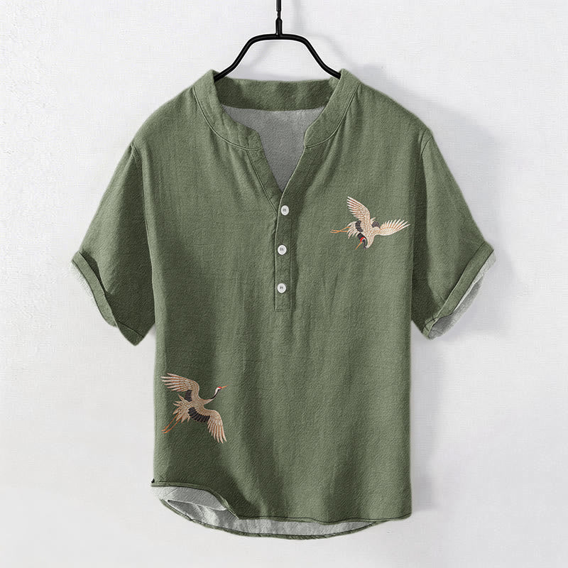 Buddha Stones Camicia da uomo a maniche corte con mezza abbottonatura, in cotone, con motivo semplice gru, sole e pino rosso. - Verde Mare Scuro - US/UK/AU50, EU60 (5XL) - image 6