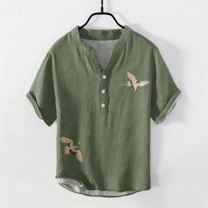 Buddha Stones Camicia da uomo a maniche corte con mezza abbottonatura, in cotone, con motivo semplice gru, sole e pino rosso. - Verde Mare Scuro - US/UK/AU50, EU60 (5XL) - image 6