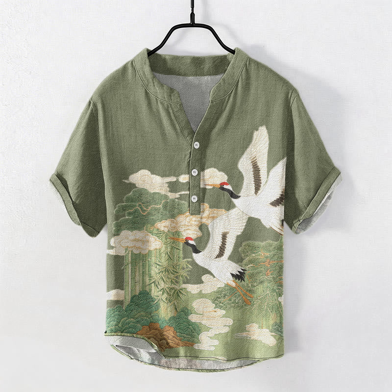Buddha Stones Camicia da uomo a maniche corte con mezzo bottone, stampa "Cotton Crane Auspicious Clouds Landscapes". - Verde Mare Scuro - US/UK/AU50, EU60 (5XL) - image 0
