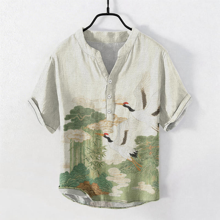Buddha Stones Camicia da uomo a maniche corte con mezzo bottone, stampa "Cotton Crane Auspicious Clouds Landscapes". - Biancheria - US/UK/AU50, EU60 (5XL) - image 6