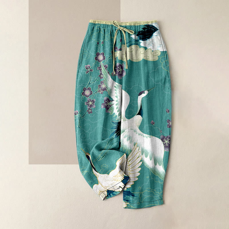 Buddha Stones Pantaloni da donna in cotone casual con elastico in vita e tasche, fantasia gru, fiori e nuvole di buon auspicio. - Turchese - US16, UK/AU20, EU48 (3XL) - image 5