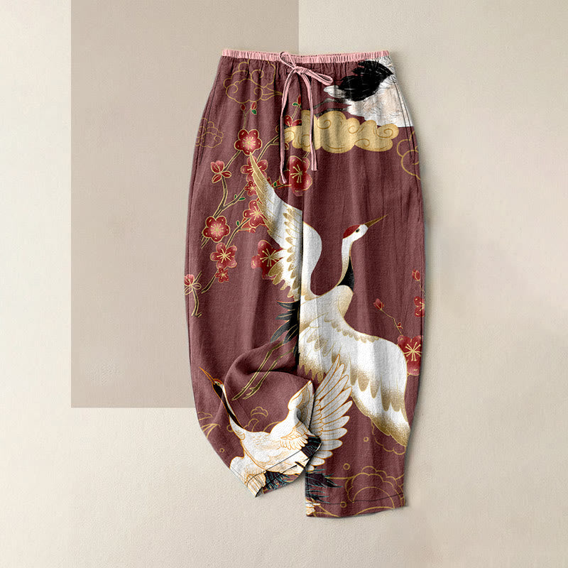 Buddha Stones Pantaloni da donna in cotone casual con elastico in vita e tasche, fantasia gru, fiori e nuvole di buon auspicio. - Corallo chiaro - US16, UK/AU20, EU48 (3XL) - image 4