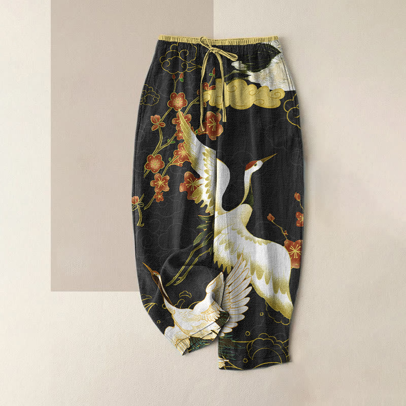 Buddha Stones Pantaloni da donna in cotone casual con elastico in vita e tasche, fantasia gru, fiori e nuvole di buon auspicio. - Nero - US16, UK/AU20, EU48 (3XL) - image 0