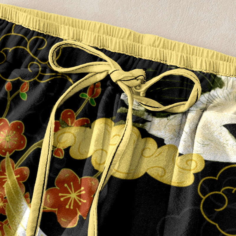 Buddha Stones Pantaloni da donna in cotone casual con elastico in vita e tasche, fantasia gru, fiori e nuvole di buon auspicio. - image 1