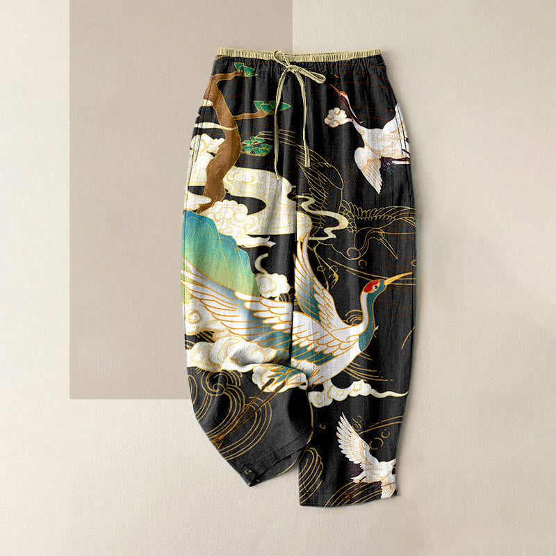 Buddha Stones Pantaloni da donna in cotone casual con stampa di gru volanti, nuvole e alberi, con elastico in vita e tasche. - Nero - US16, UK/AU20, EU48 (3XL) - image 0