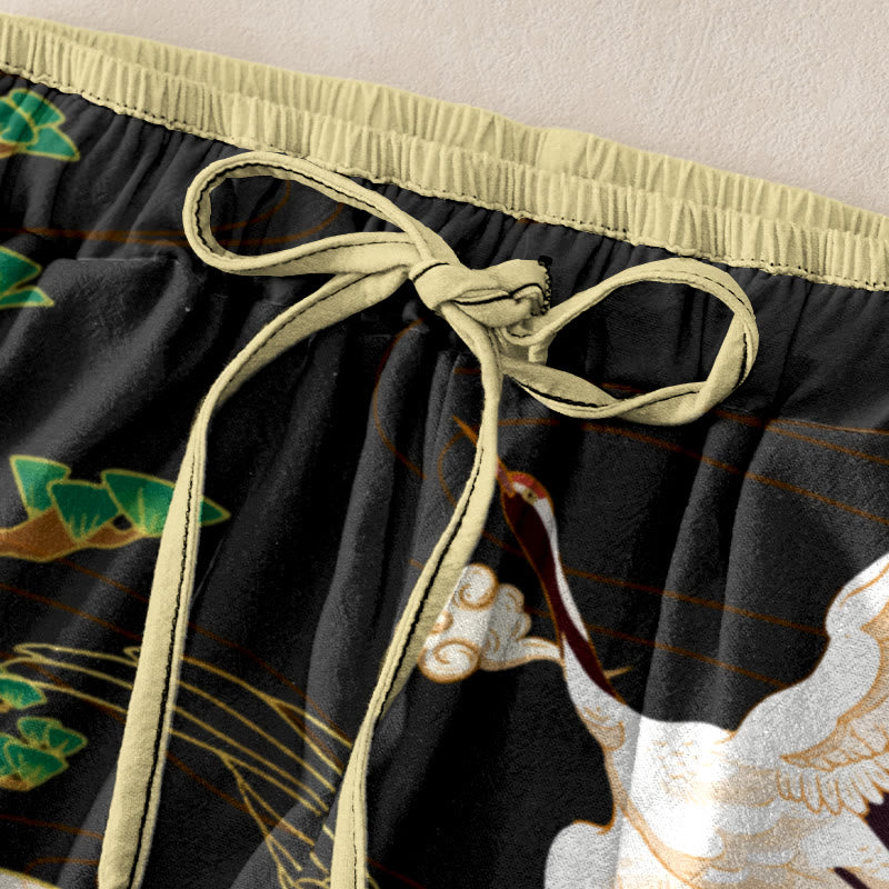 Buddha Stones Pantaloni da donna in cotone casual con stampa di gru volanti, nuvole e alberi, con elastico in vita e tasche. - image 1