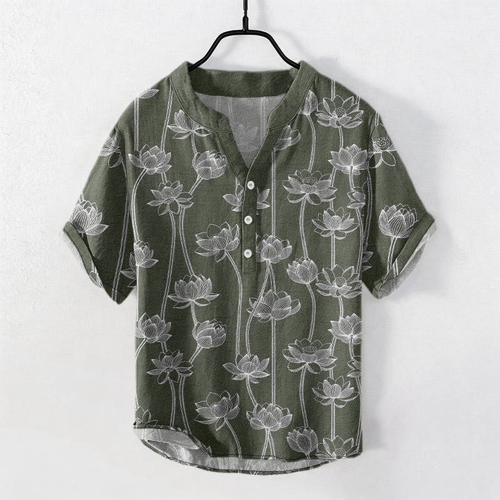 Buddha Stones Camicia da uomo a maniche corte con mezzo bottone, in cotone, con motivo a loto armonioso. - Verde oliva scuro - US/UK/AU50, EU60 (5XL) - image 0